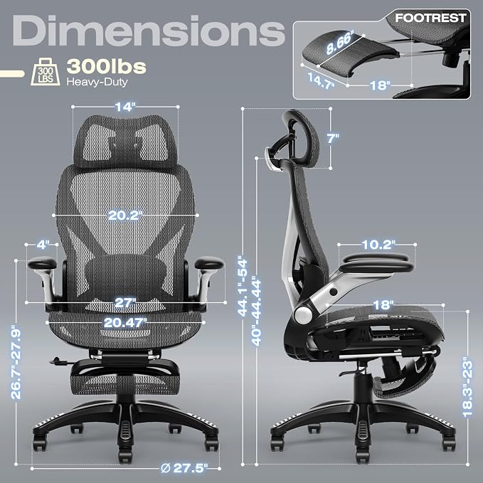 ELABEST X100 Ergonomic Mesh Office Chair with Footrest, Big and Tall Hone Desk Chair with 5D Flip-Up Arms, Adjustable 3D Lumbar Support,Gaming &..