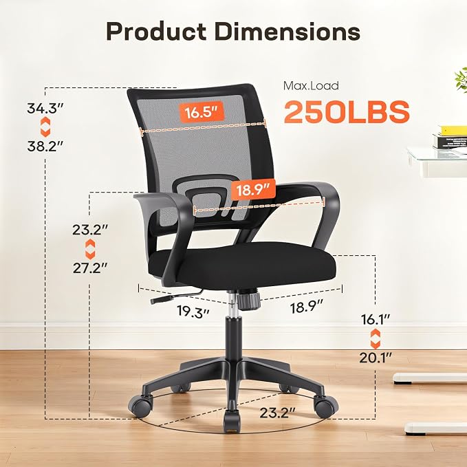 BestOffice Ergonomic Office Chair | Mid-Back Swivel Desk Chair | Dark Black with Lumbar Support, Adjustable Height & Breathable Backrest | Sponge Seat & Rolling Wheels | for Home, Office | Pack of 1