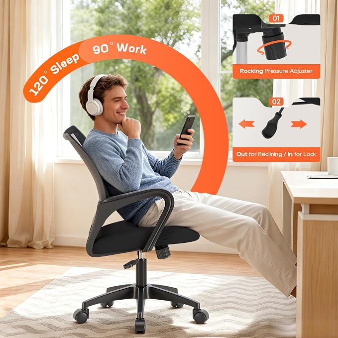 BestOffice Ergonomic Office Chair | Mid-Back Swivel Desk Chair | Dark Black with Lumbar Support, Adjustable Height & Breathable Backrest | Sponge Seat & Rolling Wheels | for Home, Office | Pack of 1