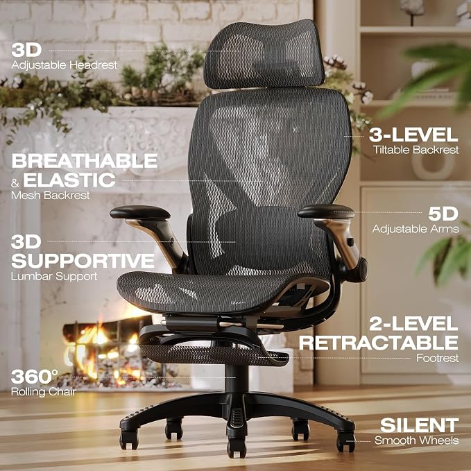 ELABEST X100 Ergonomic Mesh Office Chair with Footrest, Big and Tall Hone Desk Chair with 5D Flip-Up Arms, Adjustable 3D Lumbar Support,Gaming &..