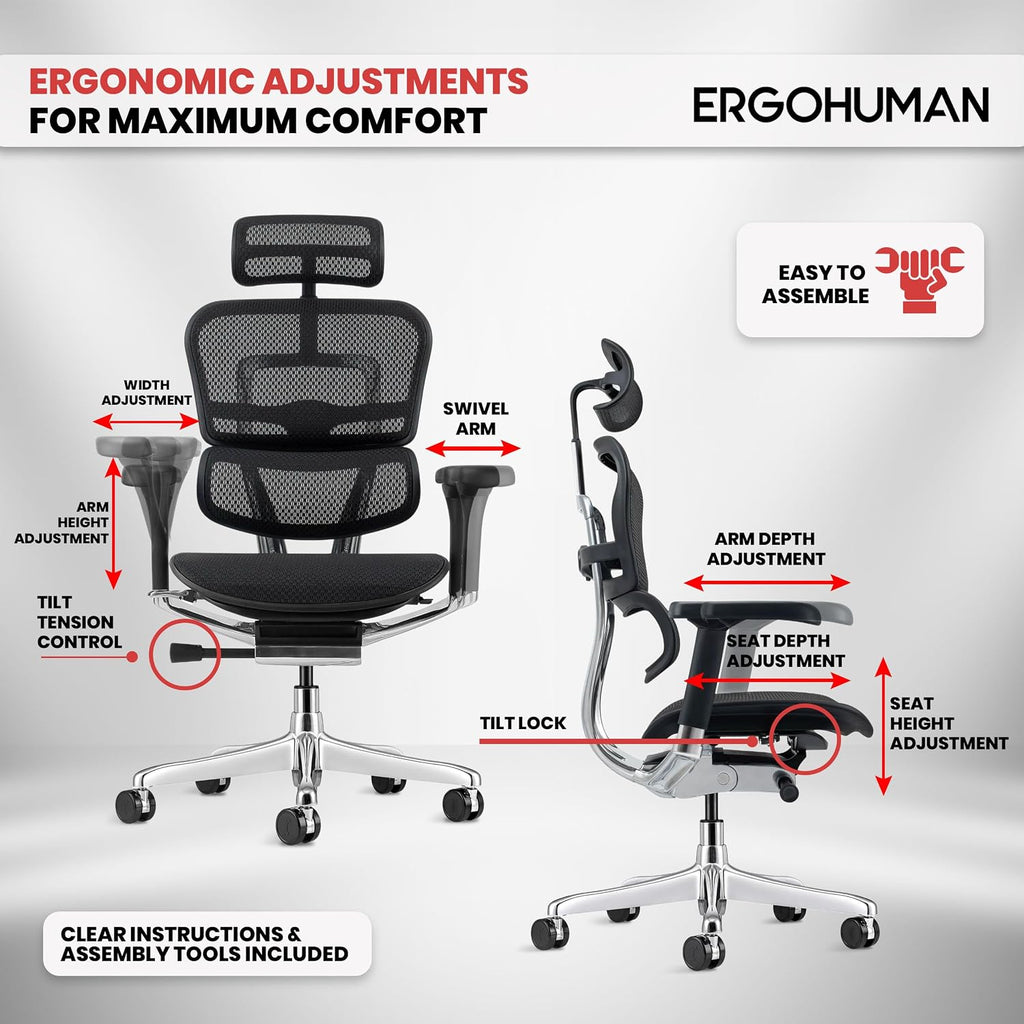 Ergohuman Eurotech ME7ERG GEN2 High Back Mesh Office Chair with Tilt Tension Control, Tilt Lock, Back Angle, Back Height, Synchro Tilt, Seat Height, Seat...