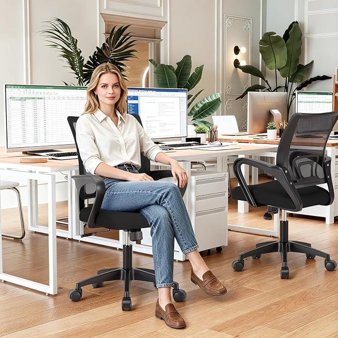BestOffice Ergonomic Office Chair | Mid-Back Swivel Desk Chair | Dark Black with Lumbar Support, Adjustable Height & Breathable Backrest | Sponge Seat & Rolling Wheels | for Home, Office | Pack of 1