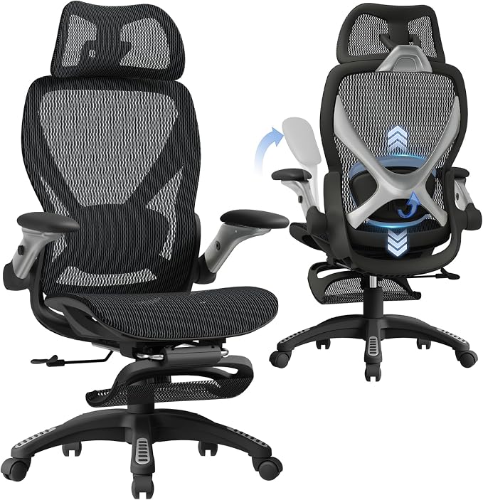 ELABEST X100 Ergonomic Mesh Office Chair with Footrest, Big and Tall Hone Desk Chair with 5D Flip-Up Arms, Adjustable 3D Lumbar Support,Gaming &..