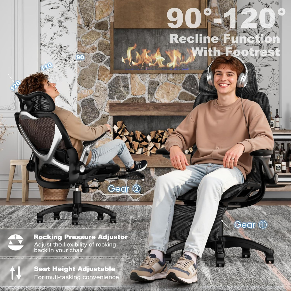 ELABEST X100 Ergonomic Mesh Office Chair with Footrest, Big and Tall Hone Desk Chair with 5D Flip-Up Arms, Adjustable 3D Lumbar Support,Gaming &..